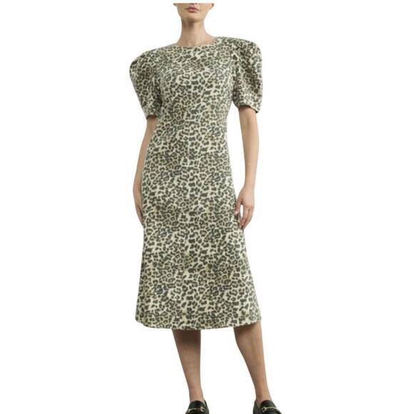 BOHME NWT Leopard Print Puff Sleeve Stretch Denim Midi Dress Size Xl - Picture 1 of 13